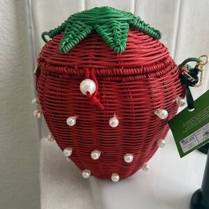 Strawberry Shaped Wicker Bag with Pearl Accents